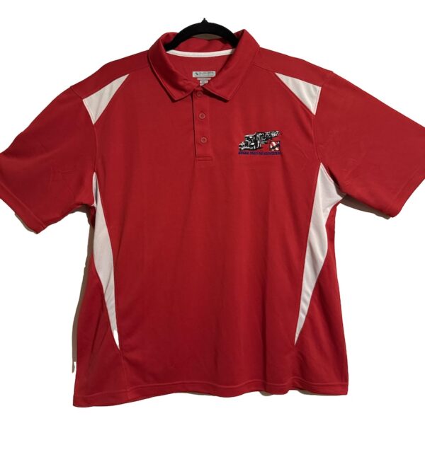 RED AND WHITE POLO WITH 5 CAR LOGO