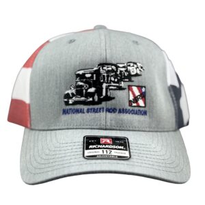 Five Car Gray Front Red White and Blue Mesh Cap